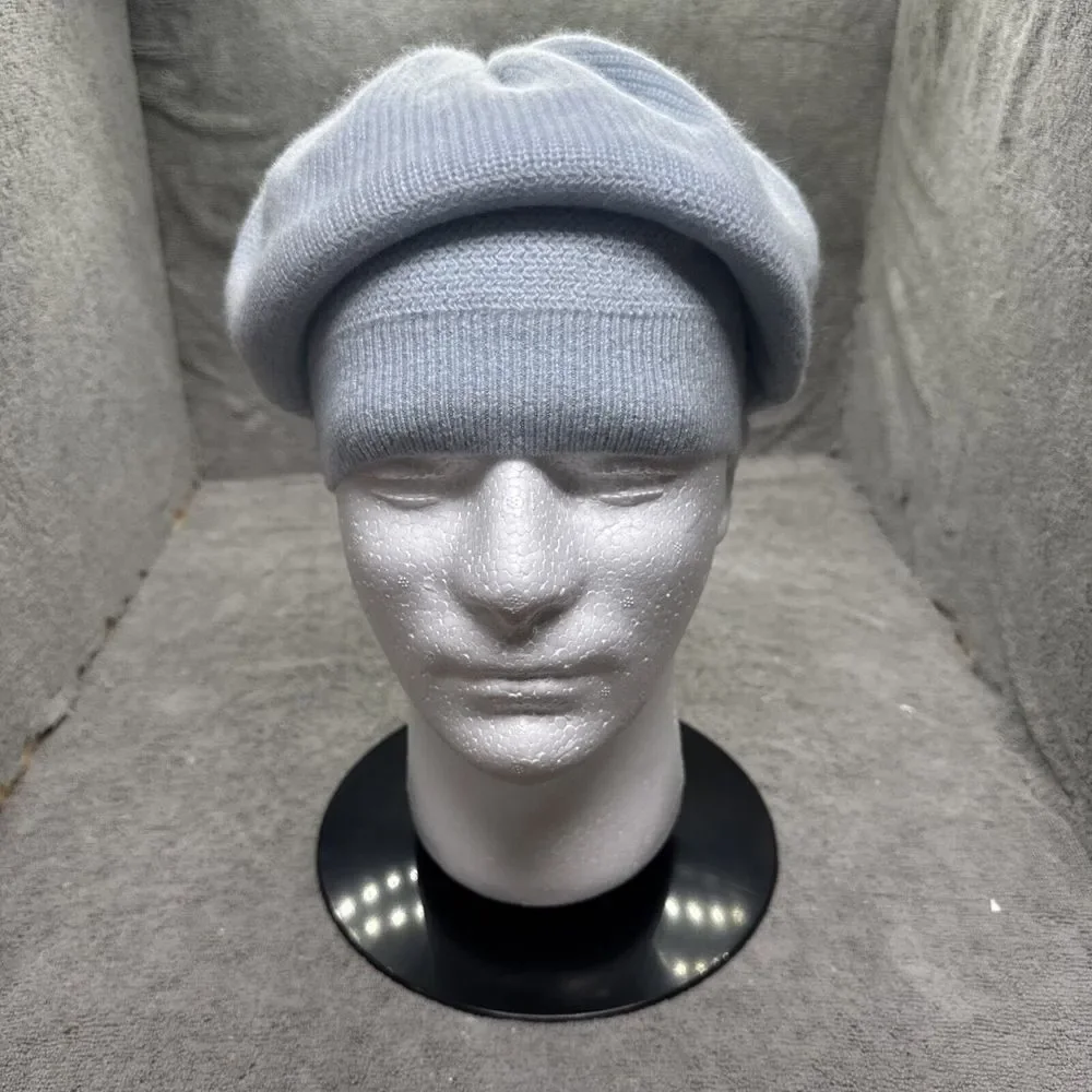 Waysoft 100% Cashmere Beanie Hat Knit Pale Blue Ribbed Luxury Cap‎ Apres Ski